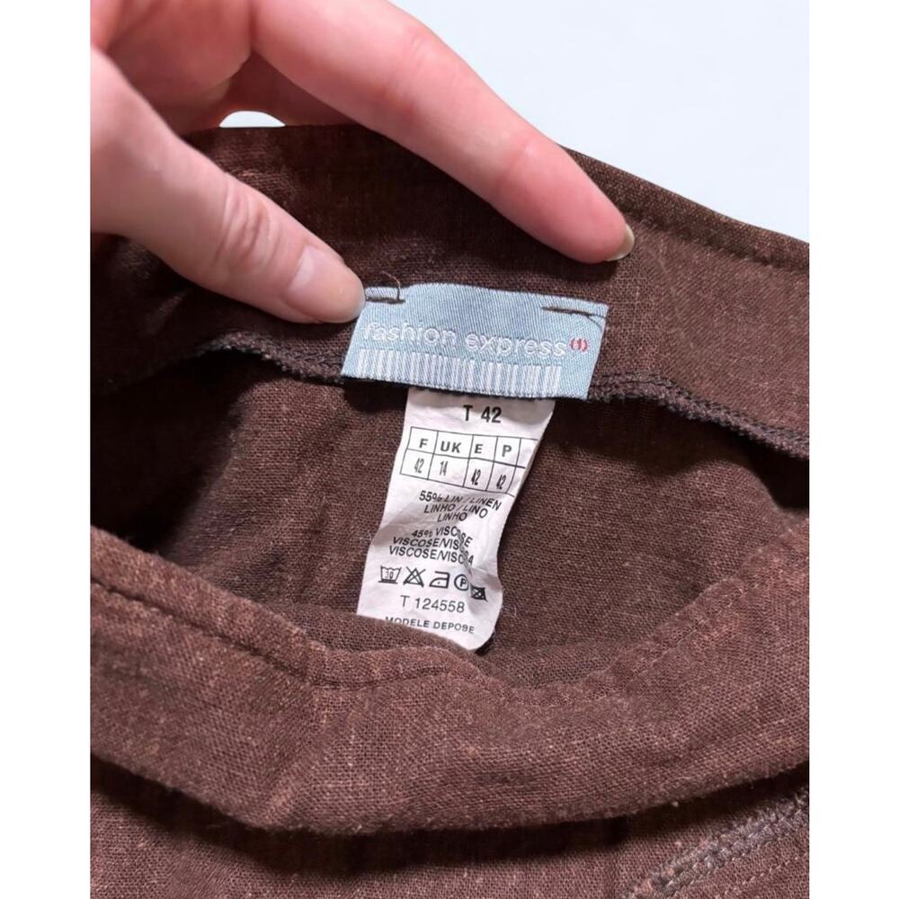 Vtg Y2K Brown Asymmetric Light Blue Contrast Stitch Text Print Linen Midi Skirt - Picture 5 of 5